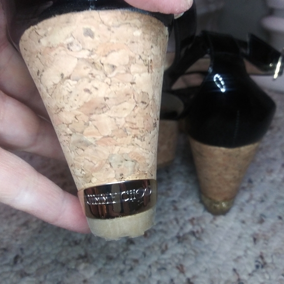 Jimmy Choo Portia 70 Black Patent Leather Cork Platform Wedge Heeled Sandals - Picture 8 of 11